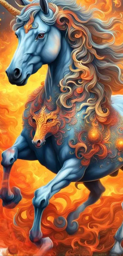 Magical blue unicorn in a fiery artistic scene.