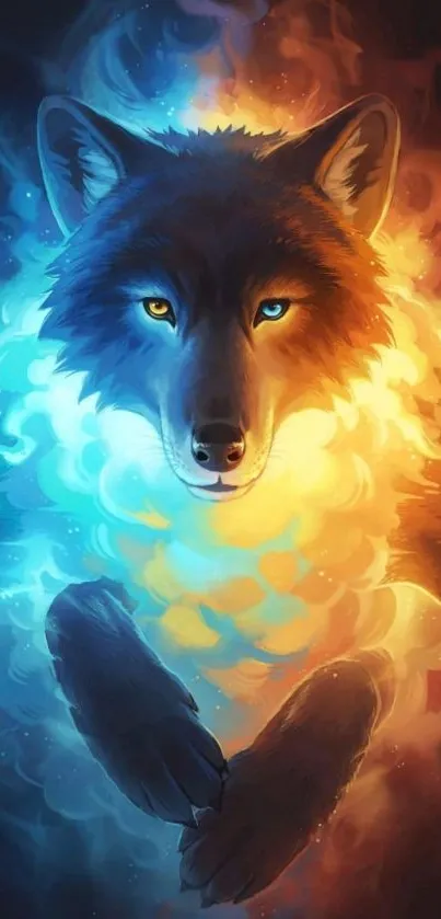 Fiery blue wolf artwork showcasing dual elements.