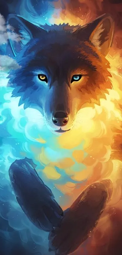 Mystical wolf with fiery blue and orange hues on mobile wallpaper.