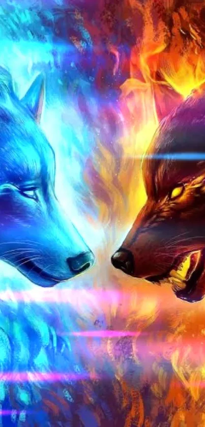 Blue and fiery wolves face off in a vibrant mobile wallpaper.