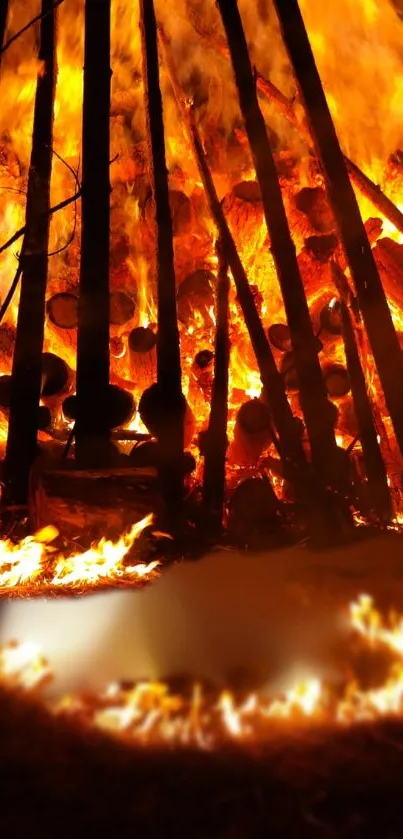 Intense bonfire with burning logs and bright orange flames.
