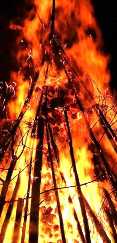 Blazing bonfire with tall flames against a dark night sky.