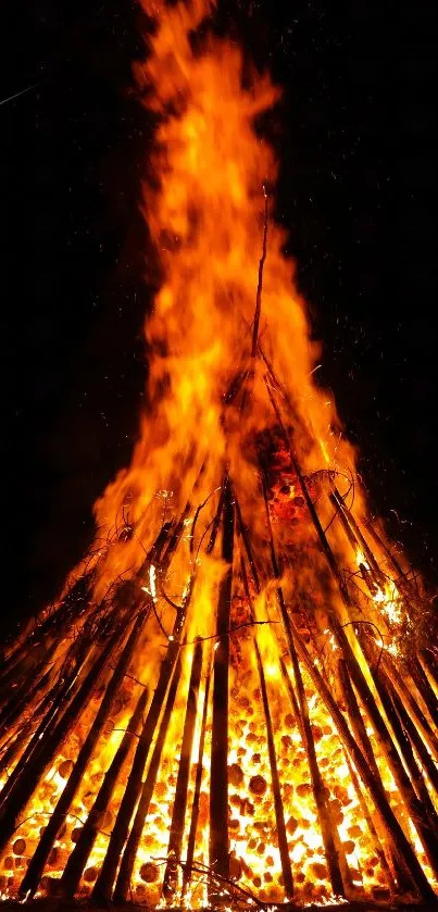 Fiery bonfire flames illuminating the night.