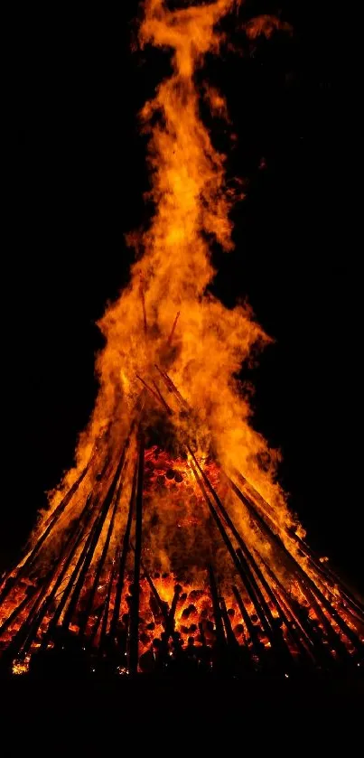 Vibrant bonfire ablaze against dark night sky.