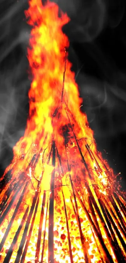 Bonfire with vivid orange flames against black background.