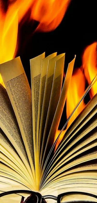 Open book with flames and glasses.