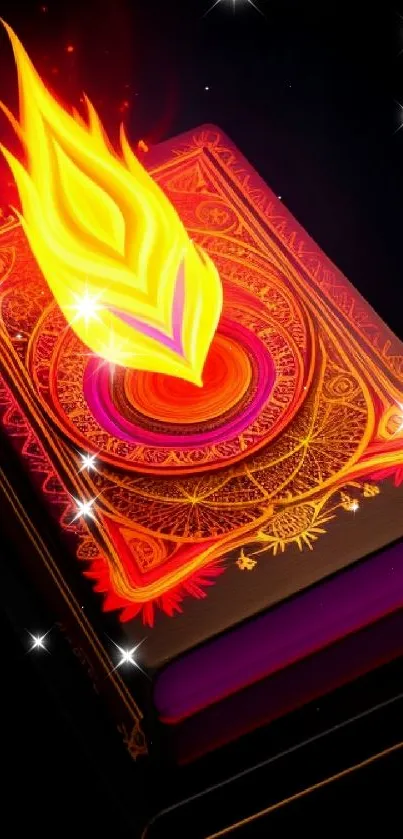 Fiery book with a glowing cover on a dark background.