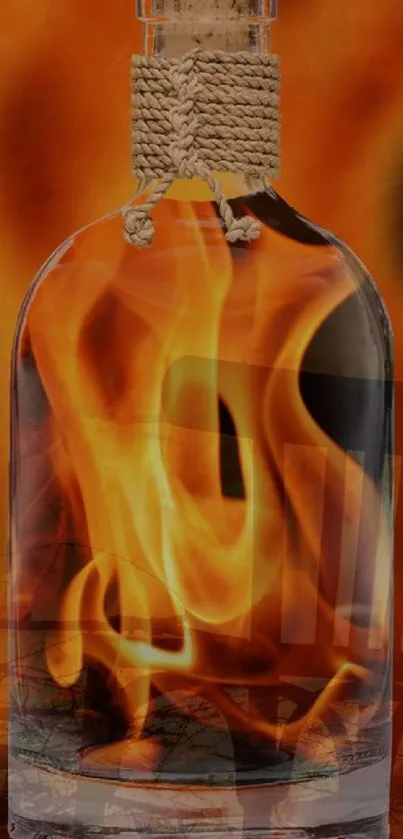 Bottle containing swirling flames, abstract art.