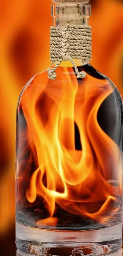 Bottle engulfed in vibrant flames, fiery wallpaper design.