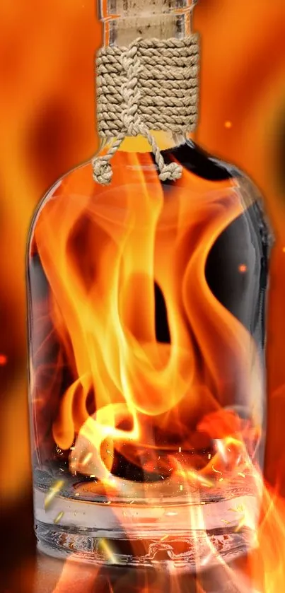 Fiery bottle with vivid flames in a captivating mobile wallpaper design.