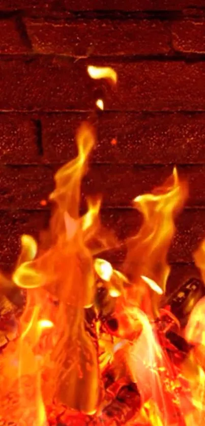 Fiery flames against a rustic brick wall.