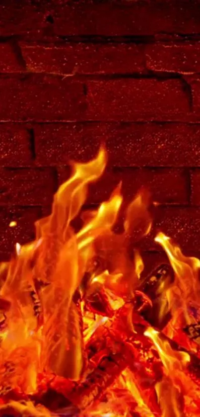 Fiery flames against red brick wall.