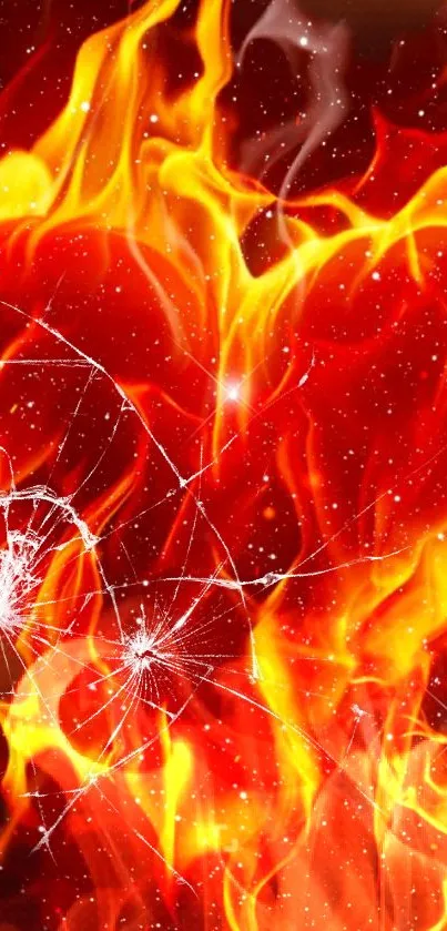 Fiery wallpaper with shattered glass effect and vibrant flames.