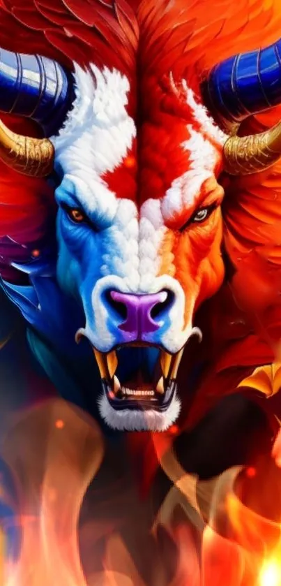 Fiery bull fantasy art wallpaper with vibrant colors.