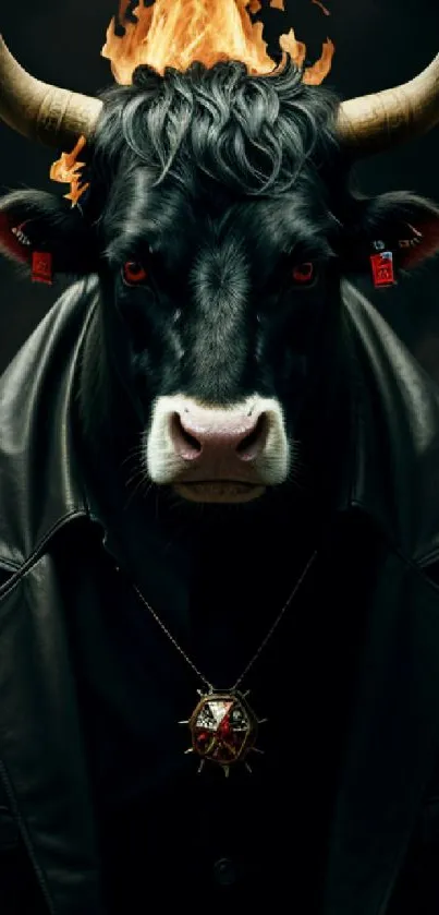 Bull with flaming horns wearing a leather jacket.