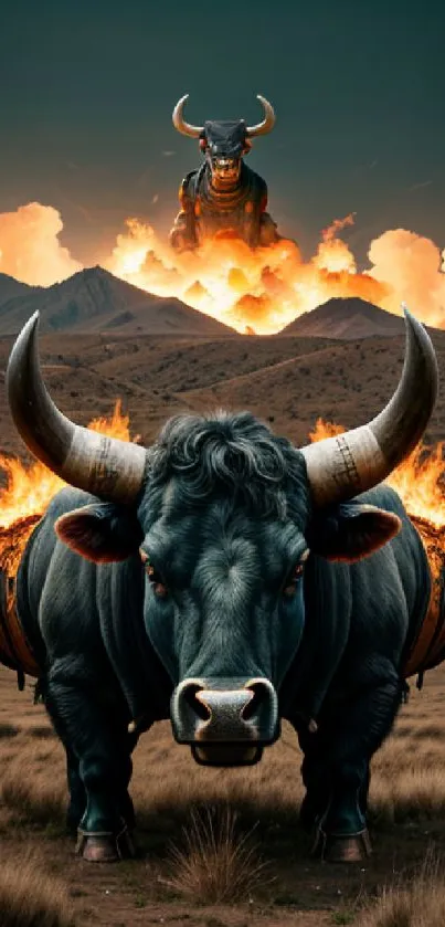 Fiery bull against a sunset mountain backdrop with dramatic flames.