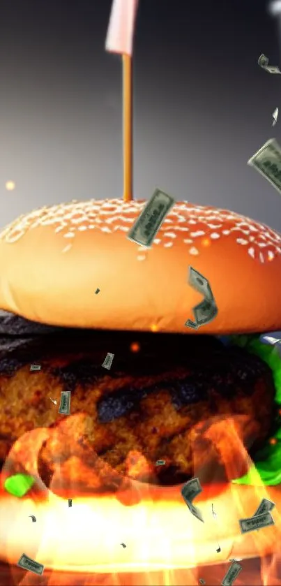Fiery artistic burger with dollar bills and flames on a mobile wallpaper.