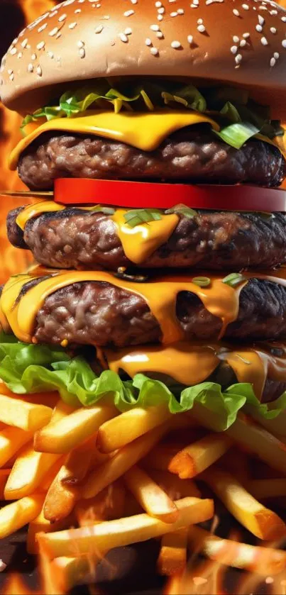 Towering double cheeseburger with fries and flames on mobile wallpaper.