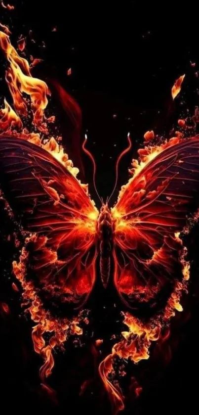 Fiery butterfly with vivid flames on a dark background mobile wallpaper.