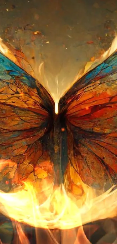 Fiery butterfly with colorful wings on a mobile wallpaper.