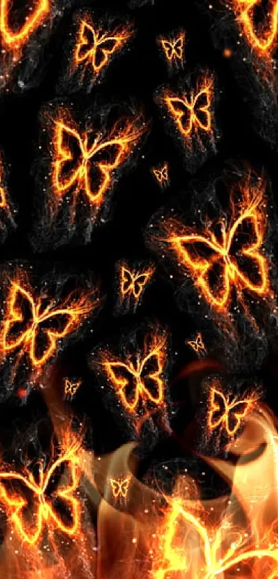 Fiery butterflies glow with orange flames on a black background for mobile wallpaper.