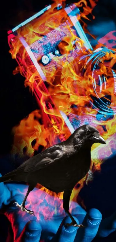 Fiery camera with crow on hand in dark artistic wallpaper.