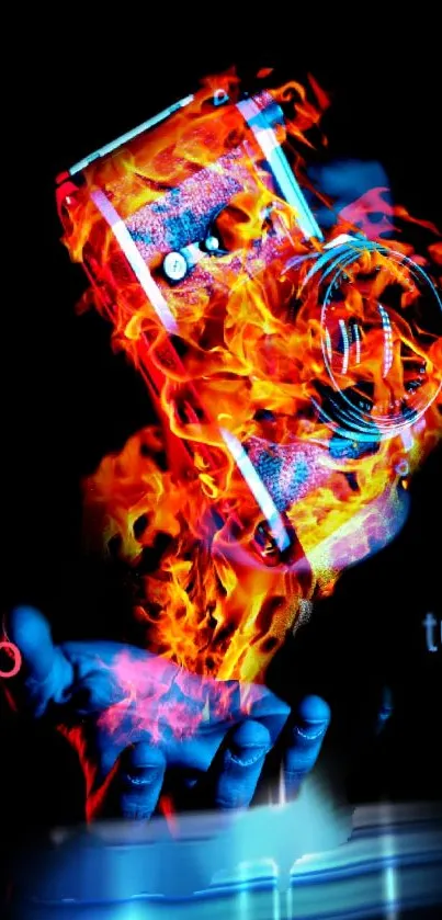 Fiery camera on hand, vibrant flames art wallpaper.