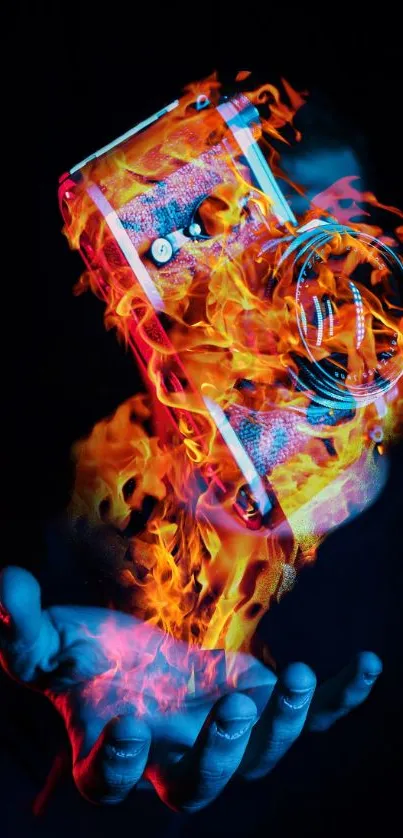 Surreal camera in flames above a hand with vibrant colors on black background.