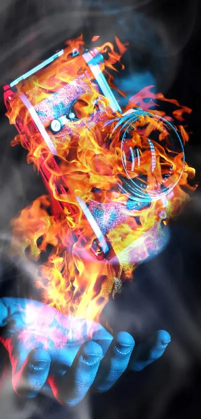 Camera engulfed in vibrant flames held by a hand in artistic mobile wallpaper.