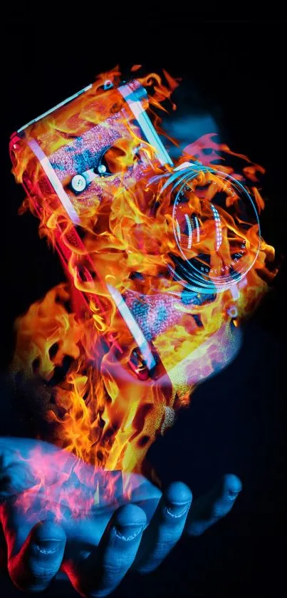 Fiery camera art with flames above a hand, in vibrant colors.