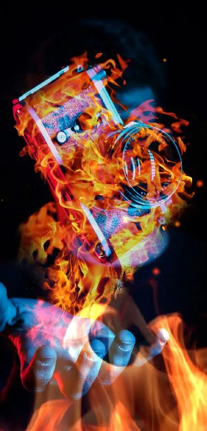 Fiery camera in flames with neon colors, held by a glowing hand.