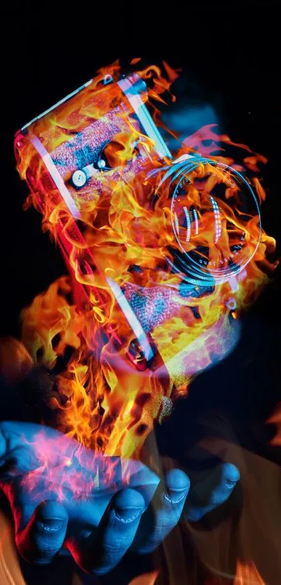 Fiery camera surrounded by flames in vibrant phone wallpaper.