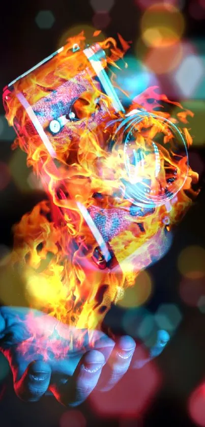 Vibrant wallpaper of a camera engulfed in flames with bokeh background.