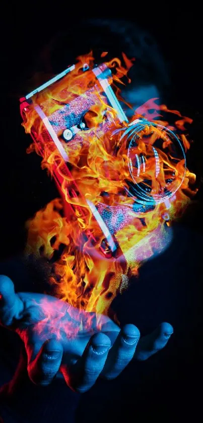 Flaming camera artwork over a hand in dark background.