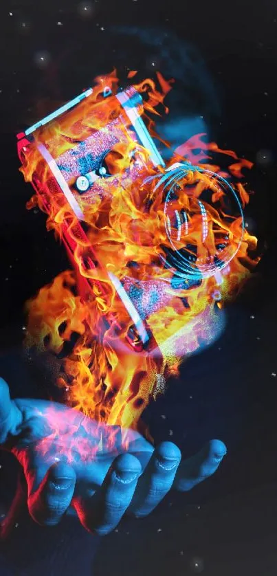 Fiery camera with blue flames in a hand, vibrant art wallpaper.