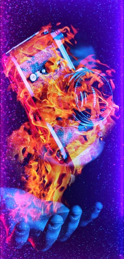 Mobile wallpaper with a fiery camera and neon flames.