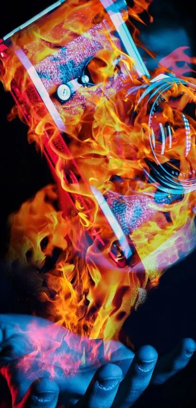 Burning camera over hand in vibrant flames.