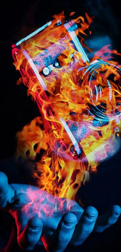 Fiery camera with flames in a vibrant wallpaper design.