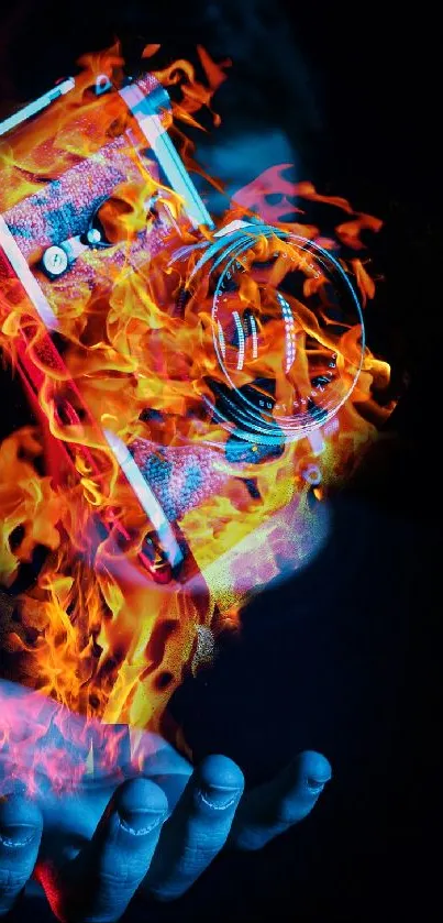 A camera in vibrant flames hovering above a hand, on a dark background.