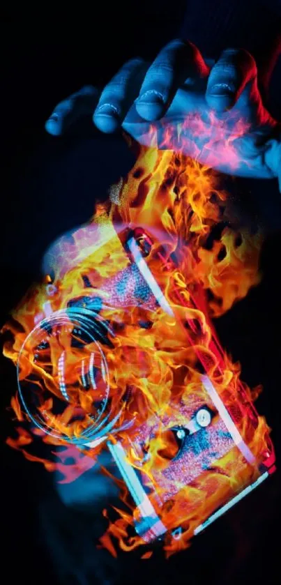 Hand holding a camera engulfed in vibrant flames.