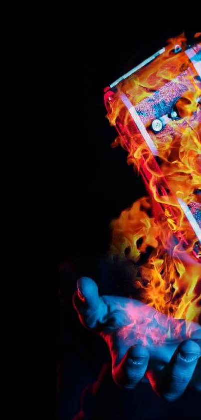 Artistic wallpaper of a camera in vibrant flames held by a hand.