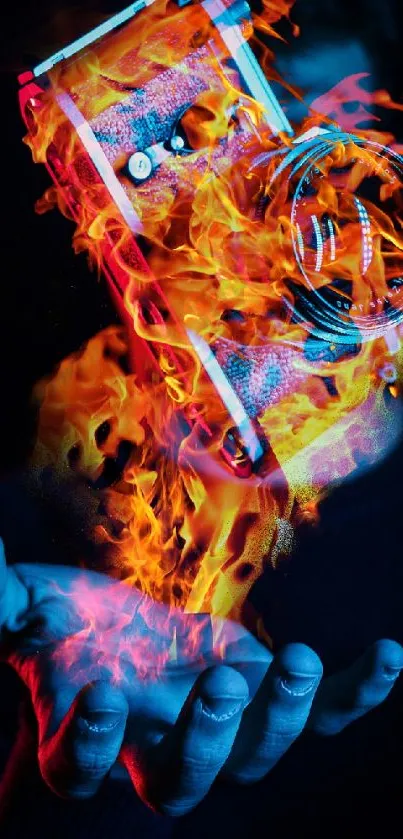 Mobile wallpaper of a camera on fire with vibrant orange and blue hues.