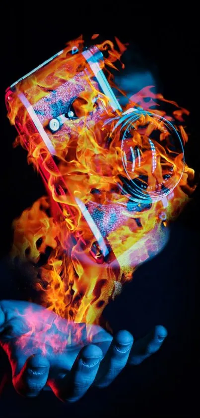 Vintage camera surrounded by vivid blue and orange flames.