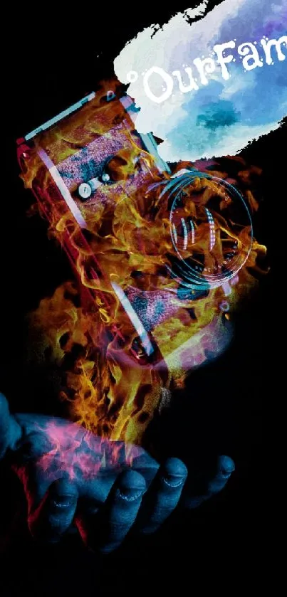 Fantasy art wallpaper with fiery camera in a hand on a dark background.