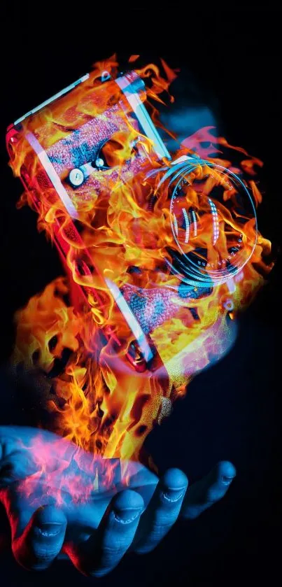 Camera engulfed in vibrant mystical flames