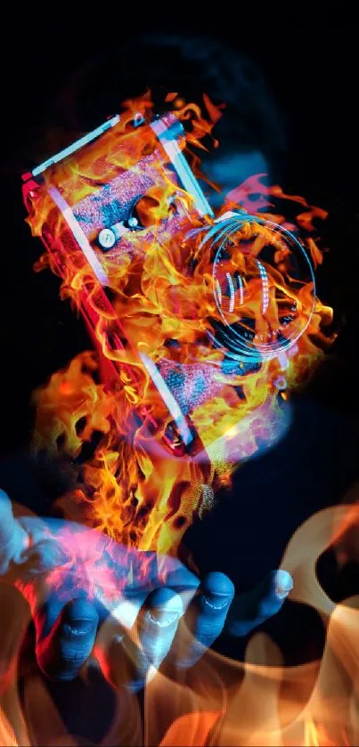 Vibrant wallpaper with a camera engulfed in flames.