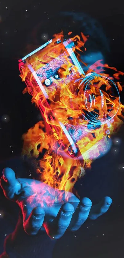 A camera engulfed in vibrant blue and orange flames held in an open hand.