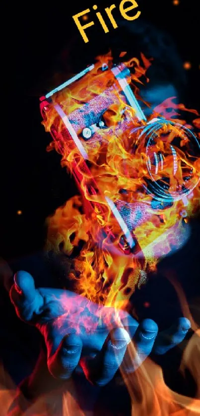 Fiery camera illusion with vibrant flames on a dark background.