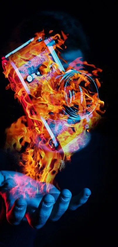 A fiery camera illusion with vibrant flames in the palm of a hand on a black background.