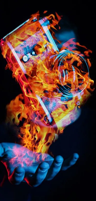 Camera enveloped in vibrant flames against a dark background, held in a hand.